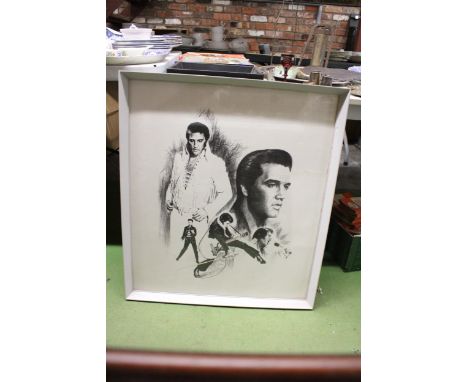 A LARGE FRAMED PRINT OF ELVIS, 73CM X 65CM