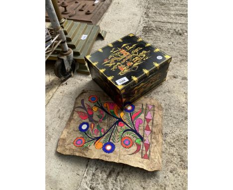 A VINTAGE ORIENTAL STYLE TIN AND A PARCHMENT WITH BIRD DECORATION