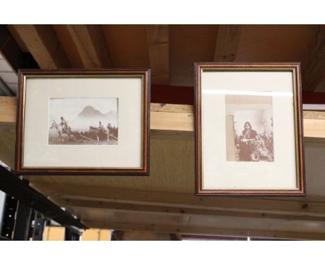 TWO FRAMED VINTAGE PRINTS OF A WOMAN AND A FEILD WITH HORSES
