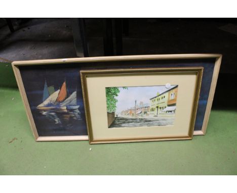A WATERCOLOUR OF A STREET SCENE PLUS A RETRO STYLE PRINT OF BOATS - BOTH FRAMED