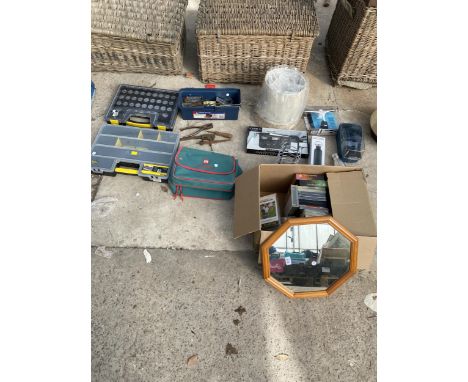 AN ASSORTMENT OF ITEMS TO INCLUDE A MIRROR, TOOL BOXES PLIERS AND VHS VIDEOS ETC