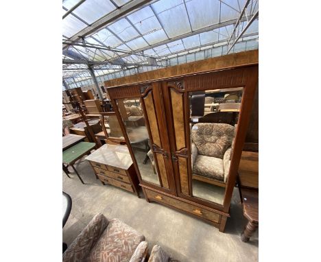 A VICTORIAN WALNUT DOUBLE MIRROR BACK WARDROBE WITH DRAWERS TO BASE, 48" WIDE AND MATCHING DRESSING CHEST, 42" WIDE