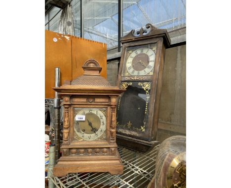 A CHIMING WALL CLOCK CASE AND A DECORATIVE MANTLE CLOCK (A/F)