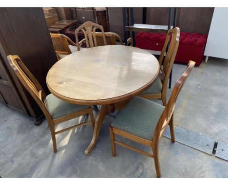 A PINE DINING TABLE, 42" DIAMETER, ON TRIPOD BASE AND FOUR HARDWOOD DINING CHAIRS