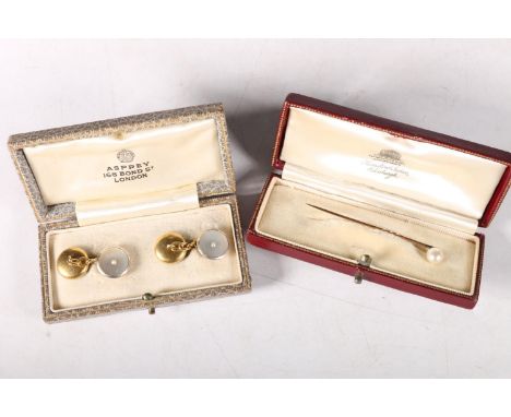 Pair of 9ct gold Asprey cuff links with mother of pearl and seed pearls, 7.5g gross, in original box, along with a yellow met