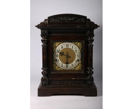 Late 19th century German mahogany cased bracket clock with triple train dial with silvered chapter ring, ormolu spandrels to 