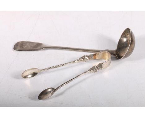 19th c. Scottish silver fiddle back toddy ladle, hallmarked George Booth, Aberdeen, 16cm, and a pair of thistle decorated sug