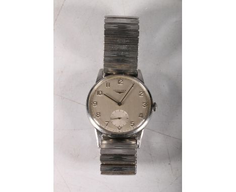Longines manual wind gents wristwatch (circa 1950s) brushed stainless bezel and flexible bracelet strap, silvered dial with a