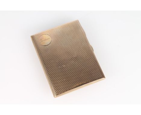 9ct gold, hallmarked, cigarette case with engine turned exterior and inscriptions to exterior and interior, 8 x 6 cm, 66.8g 