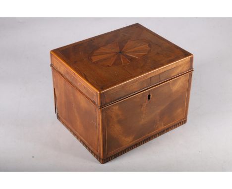 19th Century mahogany hinged box with mother of pearl playing pieces to the inside, 12cm tall. 