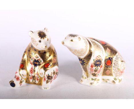 Royal Crown Derby paperweight Imari pattern Polar Bear&nbsp; another with gold stopper and signed to the base (2). 