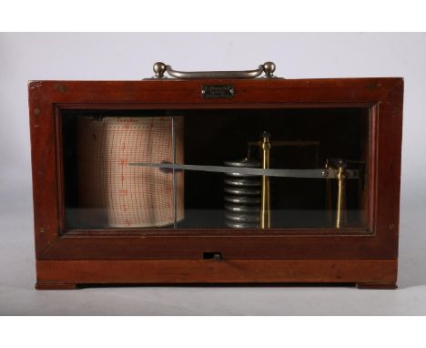 Early 20th c. Swiss barograph, mahogany case bears plaque E Fransioli Optician Montreux-Vevey, 20cm. 