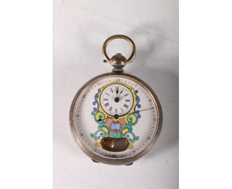 C. 1900 open faced pocket watch enamel dial with decorative Rococo clock design and exposed pendulum, marked 'Pateck Geneve P