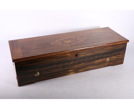 Victorian Swiss inlaid walnut cased cylinder music box, the hinged marquetry inlaid top enclosing cylinder, works and prongs,