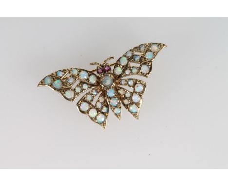 9ct gold opal and ruby set butterfly brooch by HBJ, 4cm across the wings, 4.3g. 