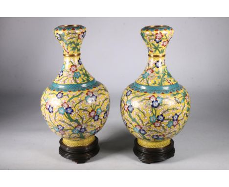 Pair of 20th century Chinese style gourd cloisonne vases with allover cherry blossom on yellow ground and brass 28cm high, wi