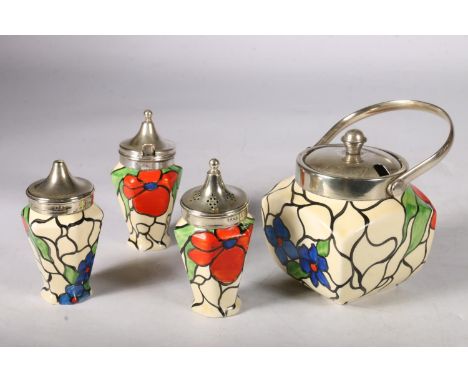 Clarice Cliff Scarlet Flowers design, Jam pot and condiment set of salt, pepper and mustard, mark to base (4).Some very small