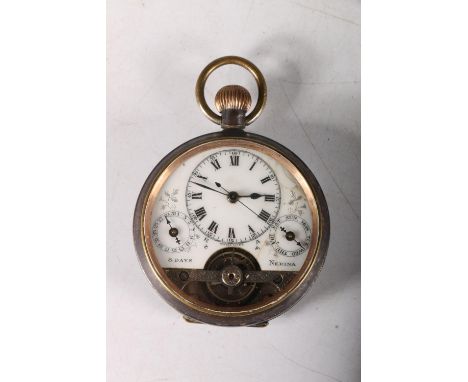 C. 1900 open faced pocket watch with white enamel three quarter dial with day and date subsidiary dials and exposed balance w