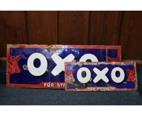 Vintage enamel metal OXO sign, 123 x 46cm, and another smaller. 