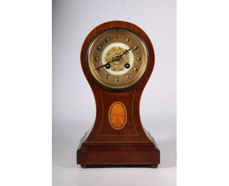 Edwardian inlaid mahogany mantel clock of balloon shape with ormolu decoration to the dial above shell paterea, the clock str