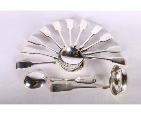 Set of twelve silver fiddle back soup spoons, hallmarked&nbsp;Roberts &amp; Belk, Sheffield 1962, 17cm, 748g and a&nbsp;white