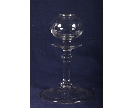 18th Century lace makers lamp on wide flattened conical base with folded foot, 21cm. 