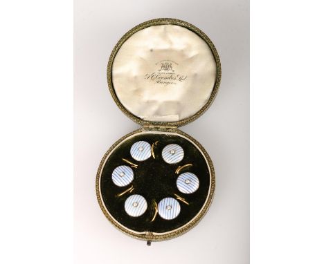 Late 19th early 20th c. set of enamel buttons in original box inscribed By Appointment to the Viceroy of Rangoon, Coombes Ltd