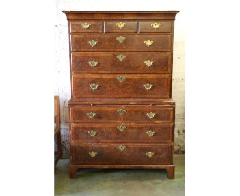 Georgian crossbanded birdseye burr walnut chest on chest, the moulded cornice above three short frieze drawers over an arrang