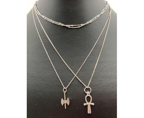 3 silver necklaces. A double row ball and chain necklace with extension chain, a fine 16" rope chain with Labrys (double axe)