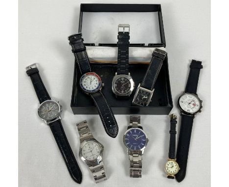 A box containing 8 men's and ladies wristwatches with both stainless steel and leather straps. Mostly men's, to include Cotto