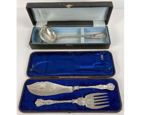 A cased silver plated decorative fish serving knife and fork with Queen's pattern handles and floral and scroll work engraved