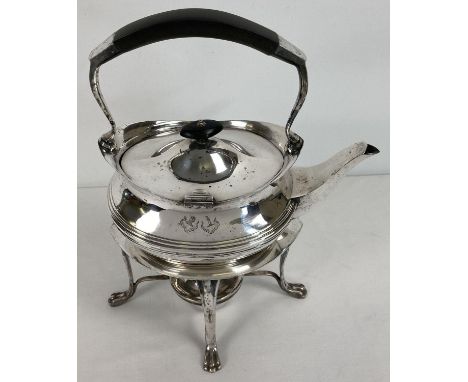 A late 19th century silver plated spirit kettle and stand, with engraved detail. Wooden handled spirit kettle marked to base 