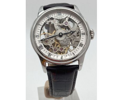 A men's Rotary manual wind skeleton wristwatch model GS02521/06(13771) with leather strap. Stainless steel case with black st