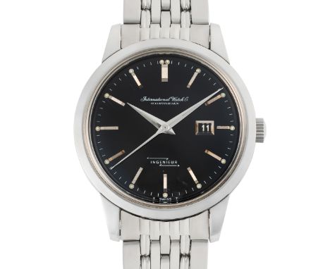 A GENTLEMAN'S SIZE STAINLESS STEEL IWC INGENIEUR AUTOMATIC BRACELET WATCH  DATED 1956, REF. 666 WITH GLOSS BLACK DIAL, ACCOMP