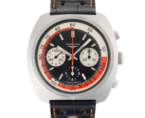 A GENTLEMAN'S SIZE STAINLESS STEEL LONGINES CHRONOGRAPH WRIST WATCH CIRCA 1970, REF. 8226-4 "PAUL NEWMAN" REGISTERS, WITH LON