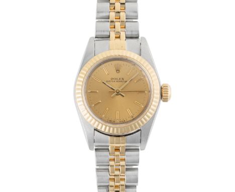 A LADY'S STEEL & GOLD ROLEX OYSTER PERPETUAL BRACELET WATCHDATED 1988, REF. 67193 ACCOMPANIED BY ITS ORIGINAL BOX, BOOKLET, O