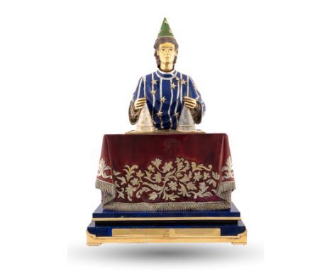 AN EXTREMELY FINE & RARE 18K SOLID GOLD, SOLID SILVER, LAPIS LAZULI, DIAMOND AND ENAMEL AUTOMATON "THE CONJUROR" DATED 1990, 