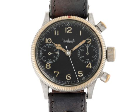 A GENTLEMAN'S GERMAN MILITARY&nbsp;HANHART&nbsp;LUFTWAFFE PILOTS&nbsp;FLYBACK CHRONOGRAPH WRIST WATCH
CIRCA 1940
Movement:&nb