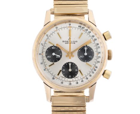 A GENTLEMAN'S GOLD PLATED BREITLING "LONG PLAYING" CHRONOGRAPH WRIST WATCH CIRCA 1966, REF. 815 WITH "PANDA" DIALMovement: 17