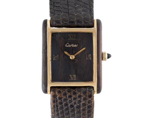 A RARE GENTLEMAN'S SIZE GOLD PLATED & BRAZILIAN ROSEWOOD CARTIER TANK WRIST WATCHCIRCA 1975, "PALISSANDRE DE RIO" Movement: M