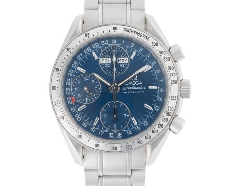 A GENTLEMAN'S SIZE STAINLESS STEEL OMEGA SPEEDMASTER TRIPLE CALENDAR AUTOMATIC CHRONOGRAPH BRACELET WATCH CIRCA 2000s, REF. 3