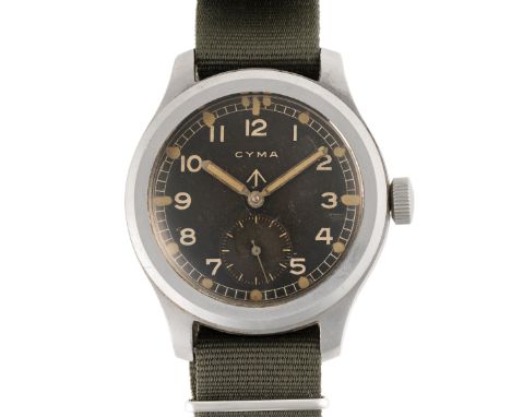 A GENTLEMAN'S STAINLESS STEEL BRITISH MILITARY CYMA W.W.W. WRIST WATCH CIRCA 1945, PART OF THE "DIRTY DOZEN"Movement: 15J, ma