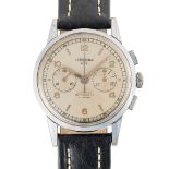 A GENTLEMAN'S SIZE LEMANIA 105 CHRONOGRAPH WRIST WATCH CIRCA 1950, REF. 150-6  Movement: 17J, manual