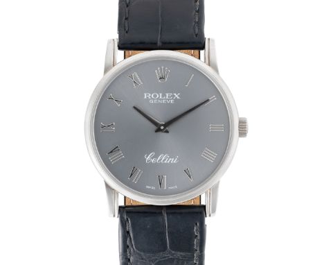 A GENTLEMAN'S SIZE 18K WHITE GOLD ROLEX CELLINI WRIST WATCHDATED 2002, REF. 5116/9 WITH GREY ROMAN NUMERAL DIAL, ACCOMPANIED 