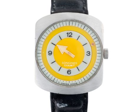A GENTLEMAN'S SIZE STAINLESS STEEL LONGINES COMET YELLOW WRIST WATCH CIRCA 1970, REF. 8475Movement: 17J, manual wind, cal. 70