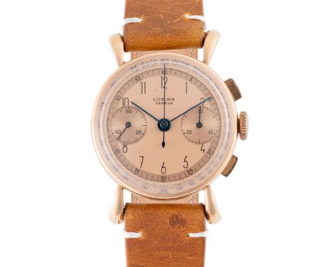 A GENTLEMAN'S SIZE 18K SOLID PINK GOLD LUSINA CHRONOGRAPH WRIST WATCHCIRCA 1940sMovement: Manual wind, Valjoux cal. 23.Case: 