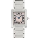 A LADY'S STAINLESS STEEL CARTIER TANK FRANCAISE BRACELET WATCH DATED 2007, REF. 2384 WITH PINK