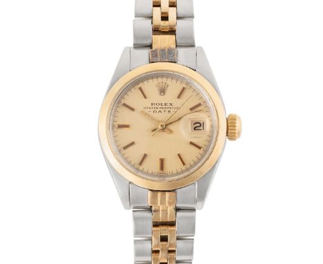 A LADY'S STEEL & GOLD ROLEX OYSTER PERPETUAL DATE BRACELET WATCHCIRCA 1971, REF. 6916Movement: 28J, automatic chronometer, ca
