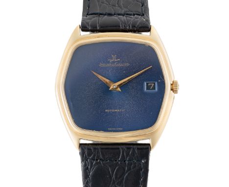 A GENTLEMAN'S SIZE 18K SOLID GOLD JAEGER LECOULTRE AUTOMATIC DATE WRIST WATCHCIRCA 1970s, REF. 5000 WITH BLUE "STARDUST" DIAL