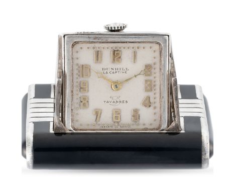 A RARE SOLID SILVER & BLACK LACQUER TAVANNES LE CAPTIVE PURSE WATCHCIRCA 1930s, MADE FOR DUNHILLMovement: 15J, manual wind wi